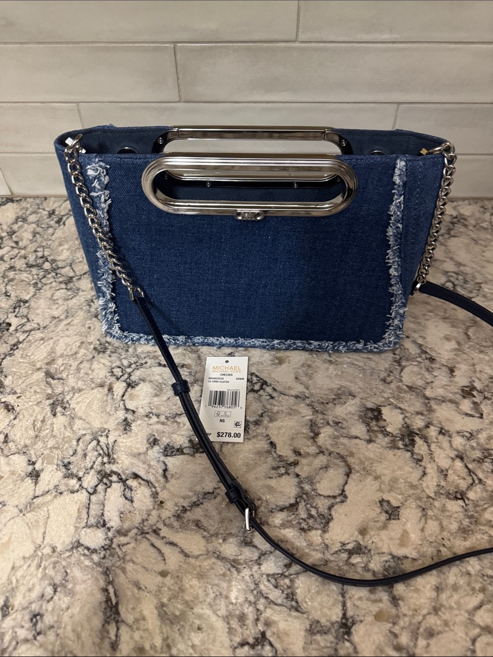MICHAEL Michael Kors Dark Blue Denim Fringe Crossbody with Silver Hardware
